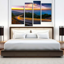 Load image into Gallery viewer, Mountain Scenery Canvas Wall Art Yellow Light Trail Landscape Multi Canvas Starry Sky Blue Mountains 4 Piece Canvas Print
