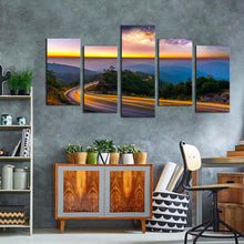 Load image into Gallery viewer, Mountain Scenery Canvas Wall Art Yellow Light Trail Landscape Multi Canvas Starry Sky Blue Mountains 5 Piece Canvas Print For Living Room
