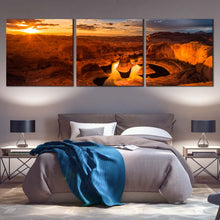 Load image into Gallery viewer, Mountain  Desert  Canvas  Wall  Art  Canyon  Lake  Powell  Canvas  Set  Yellow  Cloudy  Sunset  Sky  Canvas  Print  Brown  Utah  Desert  Bedroom  3  Piece  Canvas For Bedroom

