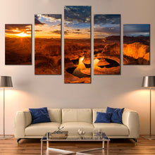 Load image into Gallery viewer, Mountain  Desert  Canvas  Wall  Art  Canyon  Lake  Powell  Canvas  Set  Yellow  Cloudy  Sunset  Sky  Canvas  Print  Brown  Utah  Desert 5  Piece For Your Living room
