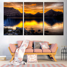 Load image into Gallery viewer, Mountain Lake Canvas Wall Art Blue Ocean Mountains Reflection 3 Piece Multi Canvas Artwork Alberta Canada Orange Landscape Sunset Canvas Print For Living Room
