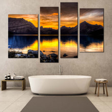 Load image into Gallery viewer, Mountain Lake Canvas Wall Art Blue Ocean Mountains Reflection 4 Piece Multi Canvas Artwork Alberta Canada Orange Landscape Sunset Canvas Print 
