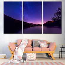 Load image into Gallery viewer, Mountain Lake Canvas Wall Art Blue Purple Starry Sky  3 Piece Canvas Print Milky Way Black Galaxy Mountain Canvas Set In Living room
