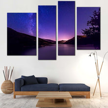 Load image into Gallery viewer, Mountain Lake Canvas Wall Art Blue Purple Starry Sky  4 Piece Canvas Print Milky Way Black Galaxy Mountain Canvas Set In Living Room
