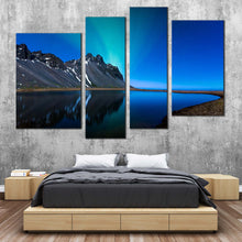 Load image into Gallery viewer, Mountain Lake Canvas Wall Art Blue Sky Northern Lights Canvas Print Grey Coast Mountain Water Reflection  4 Piece Canvas Artwork In Bedroom
