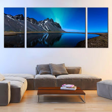 Load image into Gallery viewer, Mountain Lake Canvas Wall Art Blue Sky Northern Lights Canvas Print Grey Coast Mountain Water Reflection  3 Piece Canvas Art In Living Room
