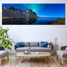 Load image into Gallery viewer, Mountain  Lake  Canvas  Wall  Art  Blue  Sky  Northern  Lights  Canvas  Print  Grey  Coast  Mountain  Water  Reflection  Living  Room  Panoramic For Living Room
