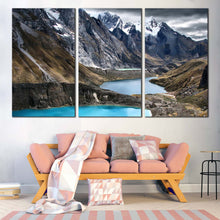 Load image into Gallery viewer, Mountain Landscape Canvas Wall Art Ocean Mountain Blue Water Canvas Print Three Lagoons Scenery Canvas Set Brown Huayhuash Trek  3 Piece Canvas For Living Room
