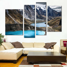 Load image into Gallery viewer, Mountain Landscape Canvas Wall Art Ocean Mountain Blue Water Canvas Print Three Lagoons Scenery Canvas Set Brown Huayhuash Trek  4 Piece Canvas
