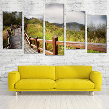 Load image into Gallery viewer, Mountain Scenery Canvas Print Green Forest Wooden Path Canvas Set Beautiful Grey Sky 5 Piece Canvas  Wall Art For Living Room
