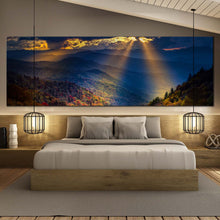 Load image into Gallery viewer, Mountain  Scenery  Canvas  Wall  Art  Yellow  Sunbeams  Cloudy  Sky  Bedroom  1  Piece  Canvas  Print  Blue  Smoky  Mountain  Trees  Landscape  Multi  Canvas For Bedroom
