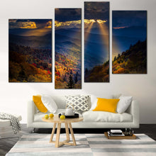 Load image into Gallery viewer, Mountain Scenery Canvas Wall Art Yellow Sunbeams Cloudy Sky  4 Piece Canvas Print 
