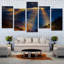 Load image into Gallery viewer, Mountain Scenery Canvas Wall Art Yellow Sunbeams Cloudy Sky  5 Piece Canvas Print In Living Room
