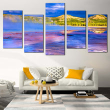 Load image into Gallery viewer, Mountain Seascape Canvas Print Purple Grand Prismatic Spring  5 Piece Canvas Wall Art Dramatic Cloudy Blue Sky Canvas Set
