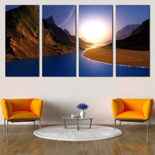 Load image into Gallery viewer, Mountain Seascape Canvas Wall Art Blue Sky Sunrise Canvas Print Brown Ocean Mountains  4 Piece Canvas For Living room
