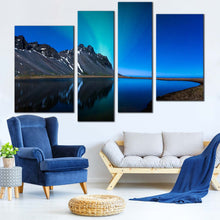 Load image into Gallery viewer, Mountain Water Canvas Wall Art Grey Coast Mountain Lake Reflection Multi Canvas Blue Northern lights  4 Piece Canvas Print In Living room
