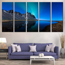 Load image into Gallery viewer, Mountain Water Canvas Wall Art Grey Coast Mountain Lake Reflection Multi Canvas Blue Northern lights  5 Piece Canvas Print  For Living room
