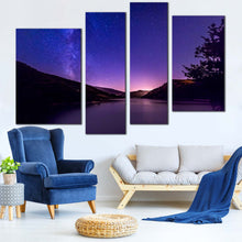 Load image into Gallery viewer, Mountain Water Canvas Wall Art Milky Way Purple Starry Night Canvas Print Black Galaxy Mountain 4 Piece Multiple Canvas For Living room
