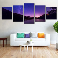 Load image into Gallery viewer, Mountain Water Canvas Wall Art Milky Way Purple Starry Night Canvas Print Black Galaxy Mountain 5 Piece Multiple Canvas For Living Room
