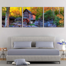 Load image into Gallery viewer, Mountains  River  Canvas  Print  Blue  Water  Stream  Mountain  Bedroom  3  Piece  Multi  Canvas  Green  Babcock  State  Park  Canvas  Set  Yellow  Autumn  Trees  Grist  Mill In Bedoom
