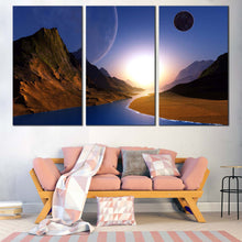 Load image into Gallery viewer, Mountains Sea Canvas Wall Art Brown Ocean Mountains Multi Canvas Artwork Yellow Sunrise Stars Ocean Sky  3 Piece Canvas Print In Living Room
