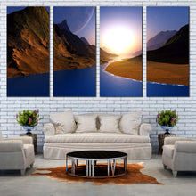 Load image into Gallery viewer, Mountains Sea Canvas Wall Art Brown Ocean Mountains Multi Canvas Artwork Yellow Sunrise Stars Ocean Sky  4 Piece Canvas Print In Living Room
