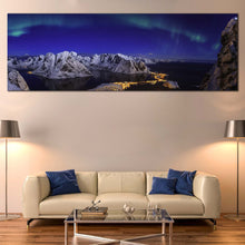 Load image into Gallery viewer, Mountains  Village  Canvas  Wall  Art  Blue  Sky  Aurora  Northern  Lights  Canvas  Artwork  White  Snowy  Mountains  Seascape  Living  Room  1  Piece  Canvas  Print In Living Room
