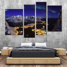 Load image into Gallery viewer, Mountains Village Canvas Wall Art Blue Sky Aurora Northern Lights Multi Canvas White Snowy Mountains Seascape  4 Piece Canvas Print 
