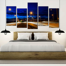 Load image into Gallery viewer, Moving car light trail through twilight city roads 5 panel canvas print For Your Bedroom
