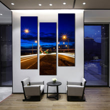 Load image into Gallery viewer, Moving  car  light  trail  through  twilight  city  roads  at  dark  3  panel  wall  decor In Living Room
