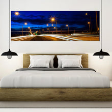 Load image into Gallery viewer, Moving  car  light  trail  through  twilight  city  roads  at  night  paronamic  home  decor In Bedroom
