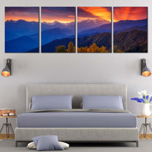 Load image into Gallery viewer, Mt Ushba Canvas Print Dramatic Orange Sunbeams Sky Bedroom 4 Piece Canvas Wall Art Mestia Georgia Blue Mountain Canvas Europe Caucasus In Bedroom
