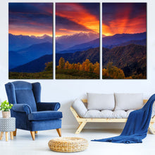 Load image into Gallery viewer, Mt Ushba Canvas Print Dramatic Orange Sunbeams Sky  3 Piece Canvas Wall Art Mestia Georgia Blue Mountain Canvas Europe Caucasus In Living Room
