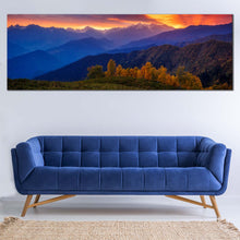 Load image into Gallery viewer, Mt  Ushba  Canvas  Print  Dramatic  Orange  Sunbeams  Sky  Living  Room  Panoramic  Canvas  Wall  Art  Mestia  Georgia  Blue  Mountain  Wide  Canvas For Living Room
