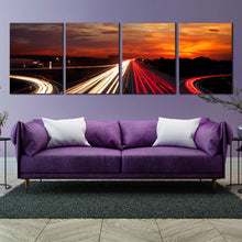 Load image into Gallery viewer, Multi panel Moving car light trail through twilight city roads 4 piece wall art For Living Room
