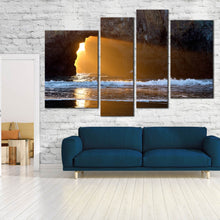 Load image into Gallery viewer, Multi panel ocean beach cave yellow sunlight 4 piece artwork
