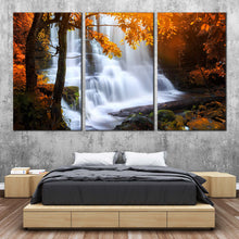 Load image into Gallery viewer, Mun Daeng Canvas Print White Thailand Waterfall 3 Piece Multi Panel Canvas Orange Yellow Forest Trees Triptych Canvas Set Hin Rong Kla National Park Canvas Art For Bedroom
