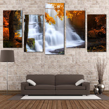 Load image into Gallery viewer, Mun Daeng Canvas Print White Thailand Waterfall 5 Piece Multi Panel Canvas Orange Yellow Forest Trees Canvas Set Hin Rong Kla National Park Canvas Wall Art
