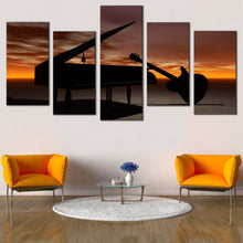 Load image into Gallery viewer, Musical Instrument Canvas Wall Art Black Guitar Piano Music 5 Piece Canvas Orange Cloudy Sky Grand Piano  Canvas Print For Your Living Room
