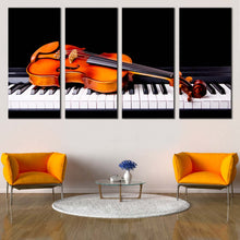 Load image into Gallery viewer, Musical Instruments Canvas Wall Art Orange Violin  4 Piece Canvas Print Black Piano Multi Canvas In Living Room
