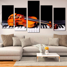 Load image into Gallery viewer, Musical Instruments Canvas Wall Art Orange Violin  5 Piece Canvas Print Black Piano Multi Canvas For Living Room
