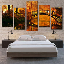 Load image into Gallery viewer, Mystic Park Canvas Wall Art Orange Yellow Forest Sunshine Multi Canvas Artwork Green Trees Autumn Forest Bridge  5 Piece Canvas Print For Your Bedroom
