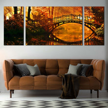 Load image into Gallery viewer, Mystic  Park  Canvas  Wall  Art  Orange  Yellow  Forest  Sunshine  Multi  Canvas  Artwork  Green  Trees  Autumn  Forest  Bridge  Living  Room  3  Piece  Canvas  Print For Living Room
