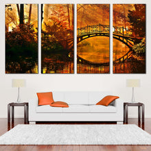 Load image into Gallery viewer, Mystic Park Canvas Wall Art Orange Yellow Forest Sunshine Multi Canvas Artwork Green Trees Autumn Forest Bridge  4 Piece Canvas Print For Living room
