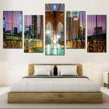 Load image into Gallery viewer, NYC Bridge Canvas Print Green Brooklyn Bridge Canvas Set New York Purple Sky  5 Piece Canvas Wall Art For Your Bedroom

