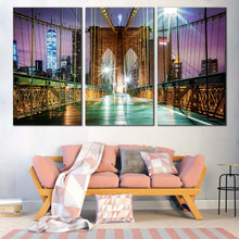 Load image into Gallery viewer, NYC Bridge Canvas Print Green Brooklyn Bridge Canvas Set New York Purple Sky  3 Piece Canvas Wall Art In Living Room
