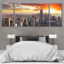 Load image into Gallery viewer, NYC Cityscape Canvas Wall Art Grey New York City Skyline 3 Piece Canvas Print Manhattan Dramatic Yellow Cloudy Sunset Triptych Multi Canvas For Bedroom
