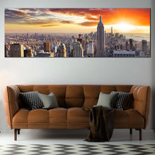 Load image into Gallery viewer, NYC Cityscape Canvas Wall Art Grey New York City Skyline Living Room 1 Piece Canvas Print Manhattan Dramatic Yellow Cloudy Sunset Multi Canvas In Living Room
