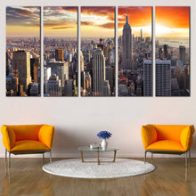 Load image into Gallery viewer, NYC Cityscape Canvas Wall Art Grey New York City Skyline  5 Piece Canvas Print Manhattan Dramatic Yellow Cloudy Sunset Multi Canvas In Living Room
