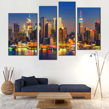 Load image into Gallery viewer, NYC Cityscape Canvas Wall Art Yellow Midtown Manhattan Night Lights  4 Piece Canvas Print Blue New York City Evening Multi Canvas

